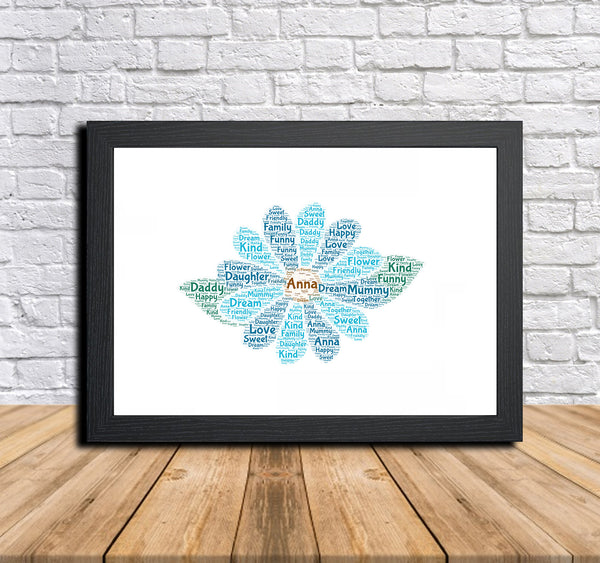 Personalised blue flower word art print in a black frame