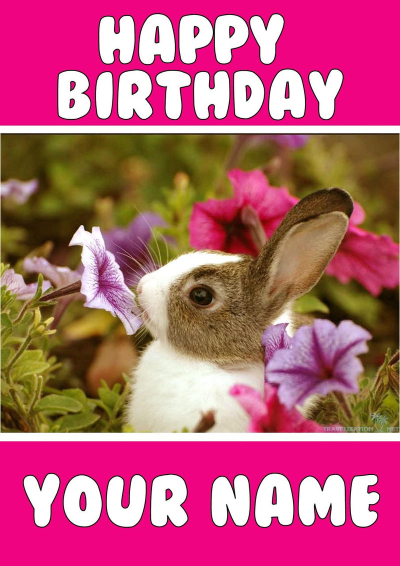 Bunny Pink Flowers Kids Adult FUNNY Kids Adult FUNNY Personalised Birthday Card