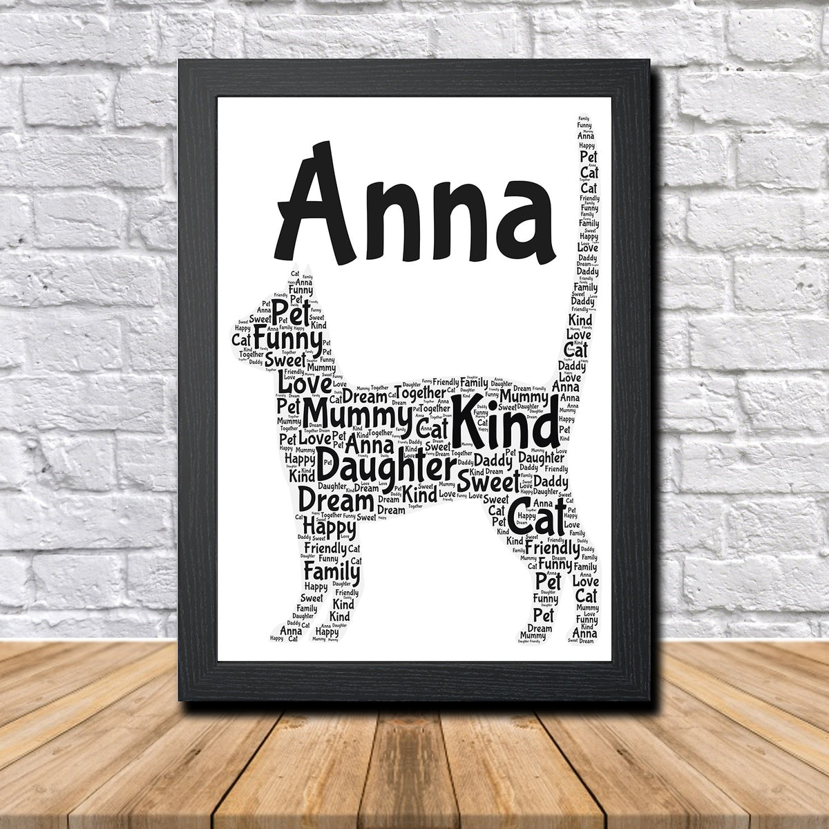 Personalised Cat 1 B Word Art Poster Print – Personalised cat word art print in a black frame