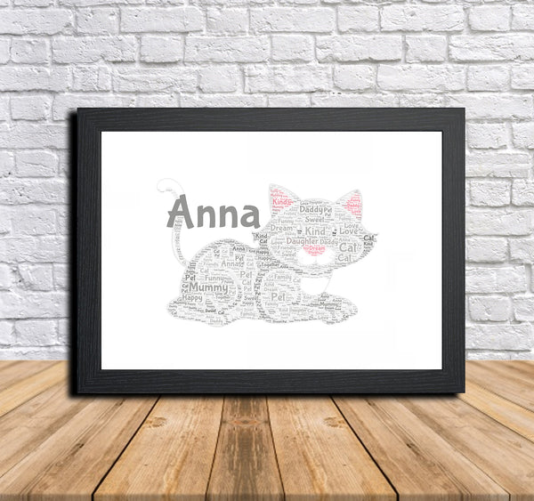Personalised cat word art print in a black frame