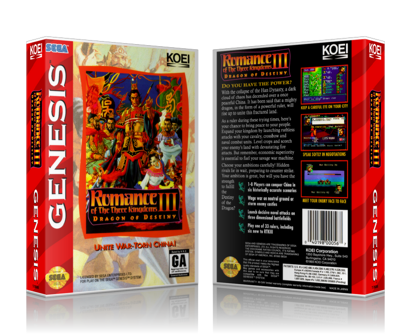 Genesis Romance Of The Three Kingdoms 3 Dragon Of Destiny Sega Megadrive REPLACEMENT GAME Case Or Cover
