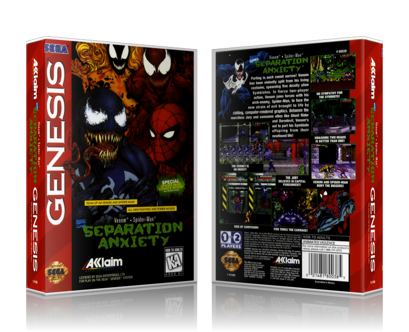 SEGA Genesis Spiderman And Venom Seperation Axiety Sega Megadrive REPLACEMENT GAME Case Or Cover