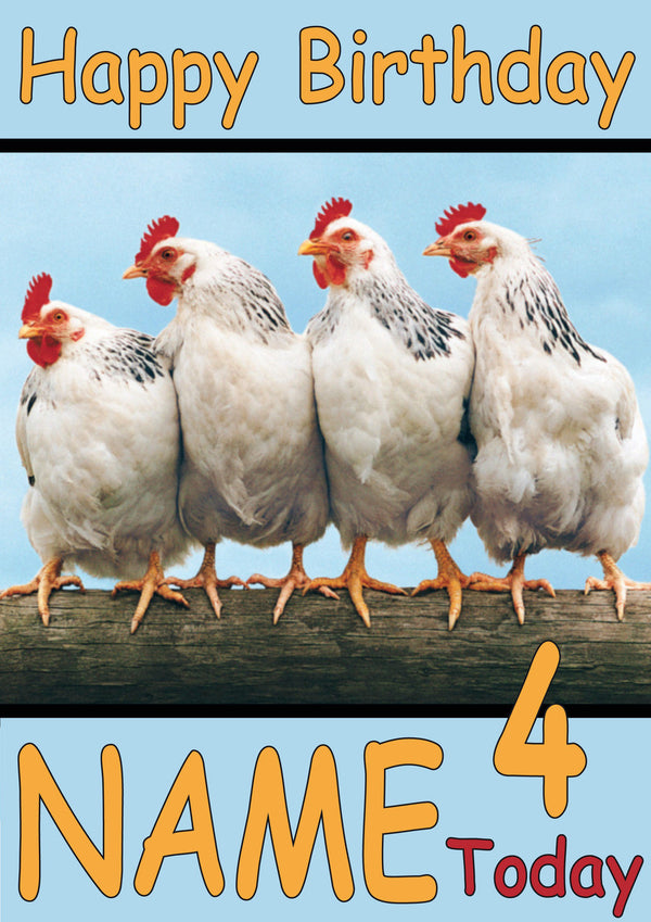 Hens On Log Funny Kids Adult Personalised Birthday Card Gift Present