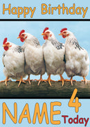 Hens On Log Funny Kids Adult Personalised Birthday Card Gift Present