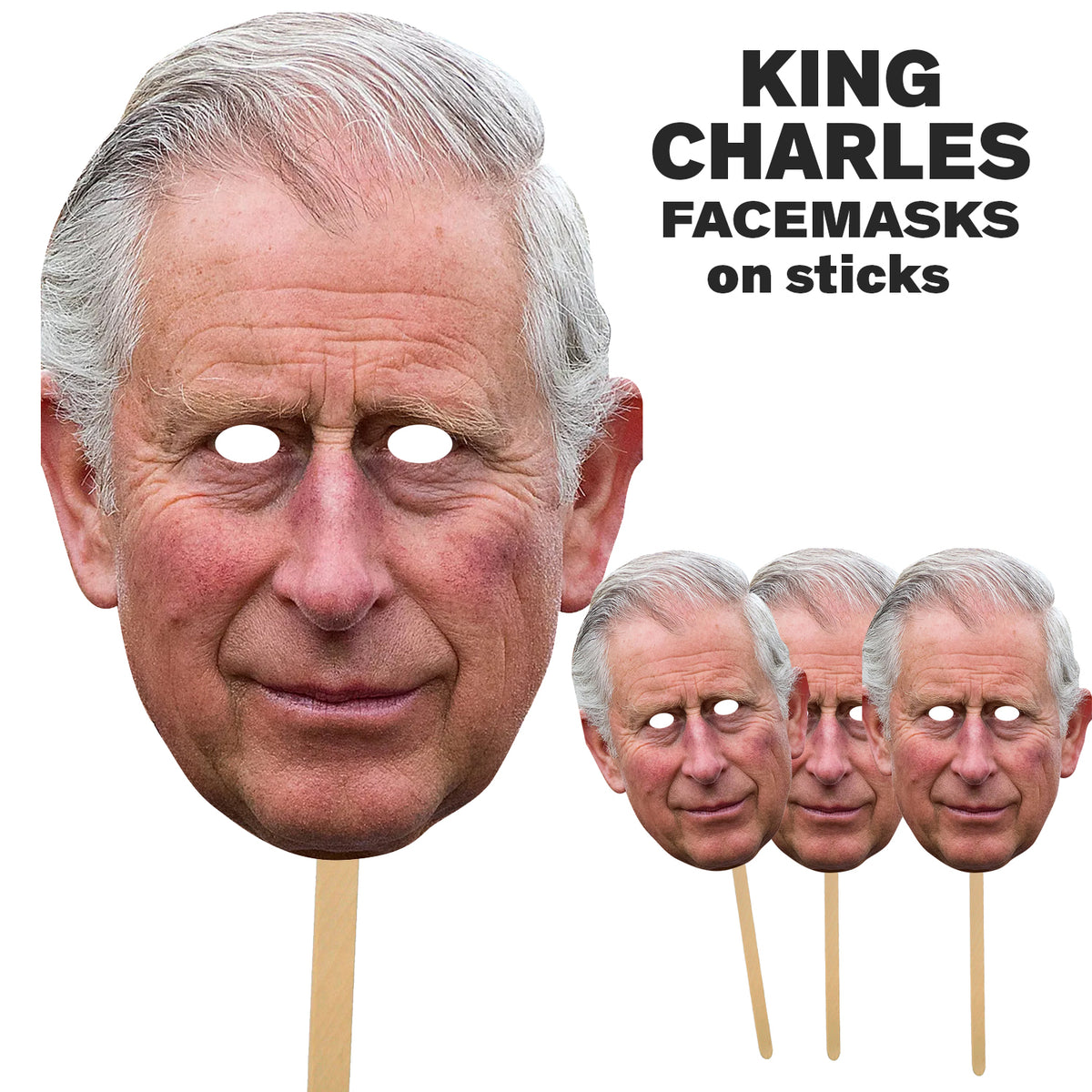 KING CHARLES III on sticks Royal Fancy Dress Cardboard Celebrity Party Face Mask – King Charles III on Sticks Royal Party Face Mask