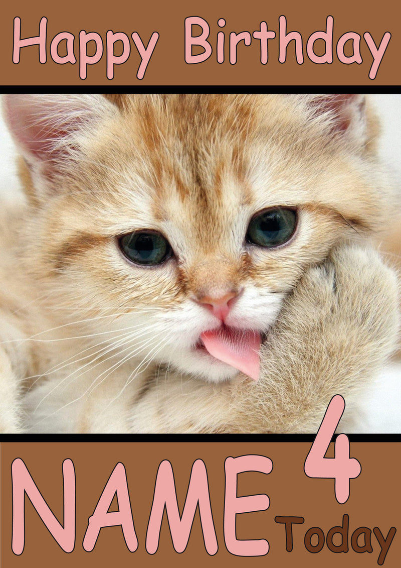 Kitten Licking Paw Funny Kids Adult Personalised Birthday Card Gift Present