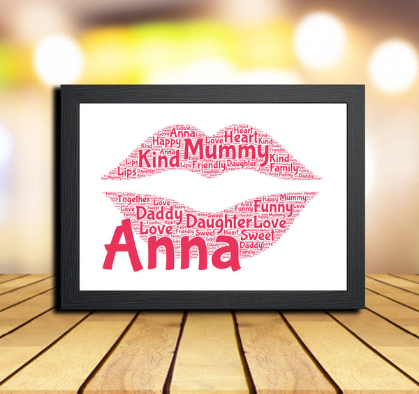 Personalised lips word art print in a black frame