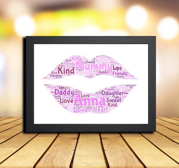 Personalised lips word art print in a black frame