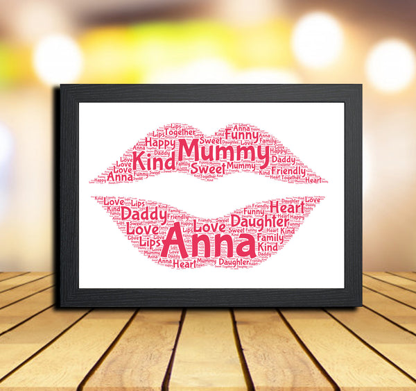 Personalised lips word art print in a black frame