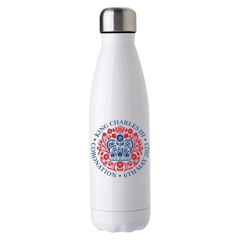 King Charles III Coronation Official Logo Print White Metal Water Bottle Personalised-insulated bottle-500ml bowling stainless steel bottle