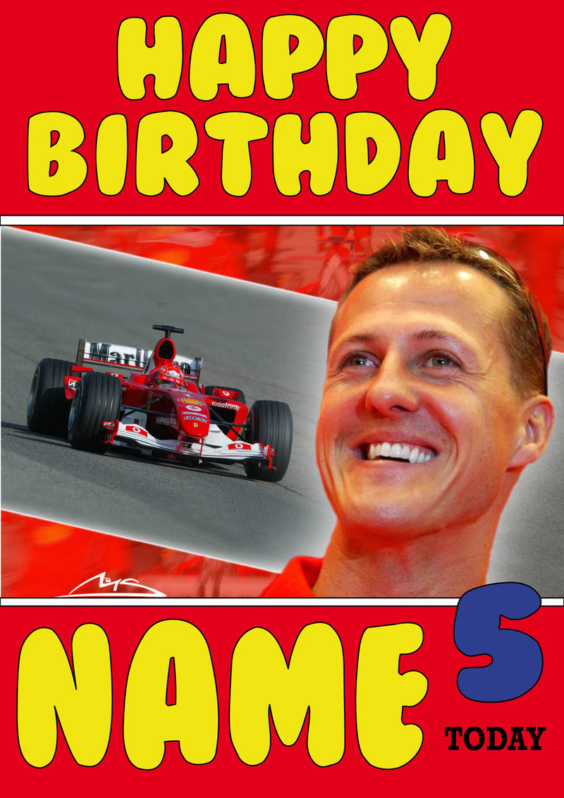 Personalised Michael Schumacher F1 THEME INSPIRED PERSONALISED Kids Adult Birthday Card