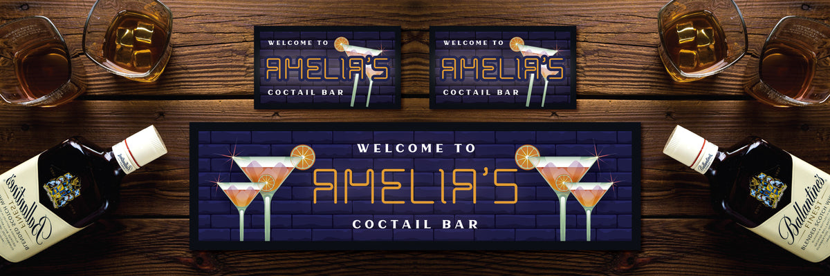 Custom Personalised Bar Mat Runner Neon Cocktail Design M28 – personalised cocktail bar mat – Neon Cocktail design