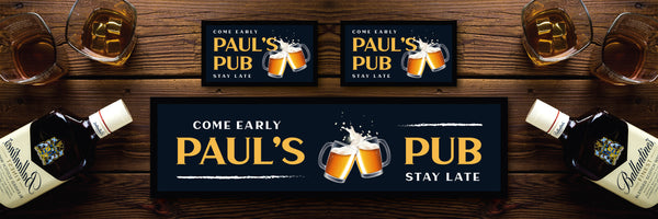 Custom Personalised Bar Mat Runner Cheers 2 Design M4 – personalised come early stay late bar mat – Cheers 2 design