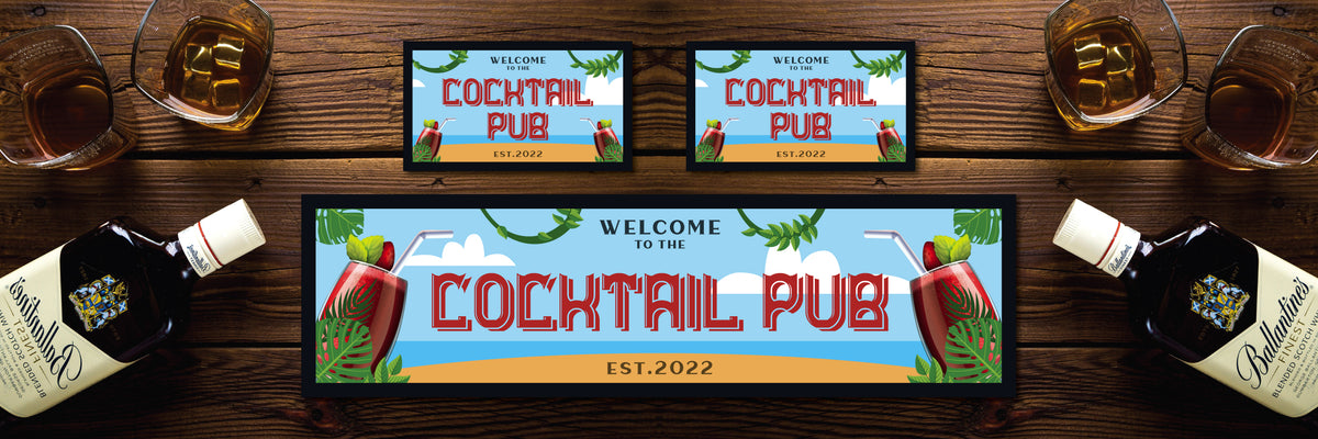 Personalised Bar Mat Runner Tropical Beach Design M45 – personalised beach bar mat – Tropical Beach design