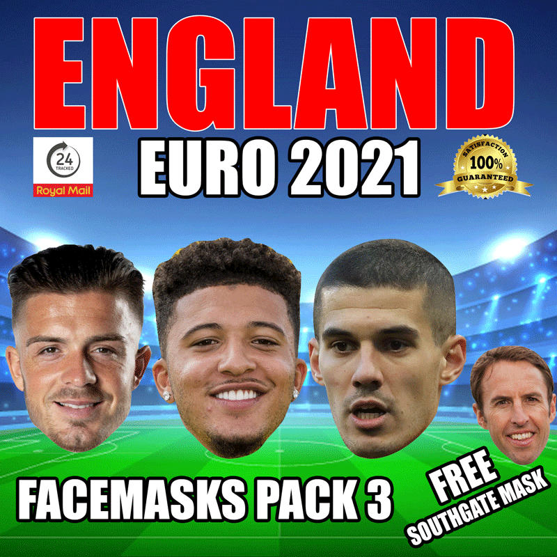 ENGLAND EURO 2021 CELEBRITY FACE MASK PACK 3 GREALISH, SANCHO, COADY, FREE SOUTHGATE