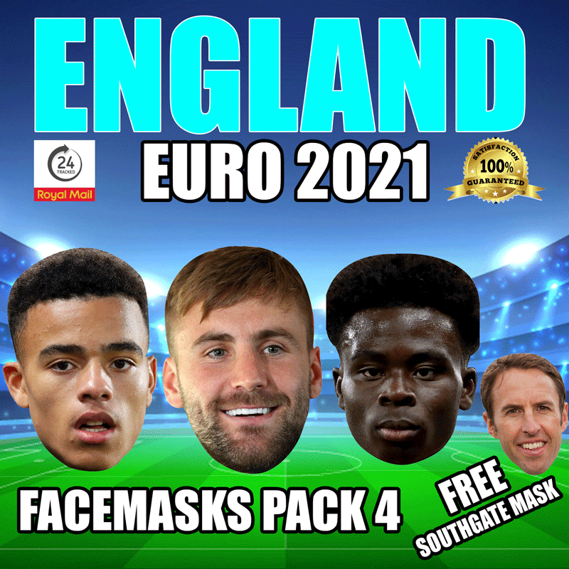 ENGLAND EURO 2021 CELEBRITY FACE MASK PACK 4 GREENWOOD, SHAW, SAKA, FREE SOUTHGATE