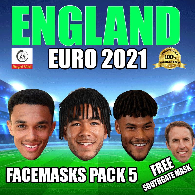 ENGLAND EURO 2021 CELEBRITY FACE MASK PACK 5 ALEXANDER-ARNOLD, JAMES, MINGS, FREE SOUTHGATE