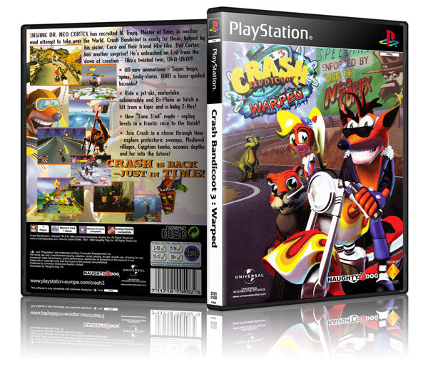 Crash Bandicoot Warped 3 Game Cover To Fit A PS1 PLAYSTATION Style Replacement Game Case