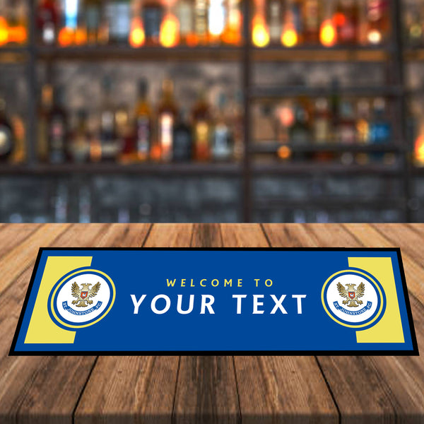 Personalised football bar mat for St Johnstone fans – royal blue and white design
