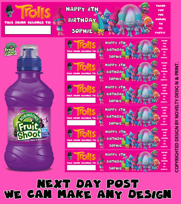 Trolls Pink Inspired Theme Personalised Party Fruit Shoot Label Sticker